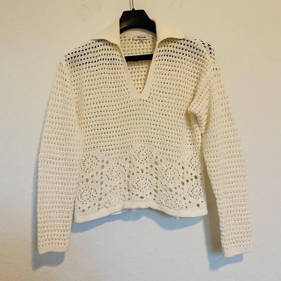 Madewell Crochet Polo Sweater Bright Ivory White XXS NWT - Picture 3 of 7